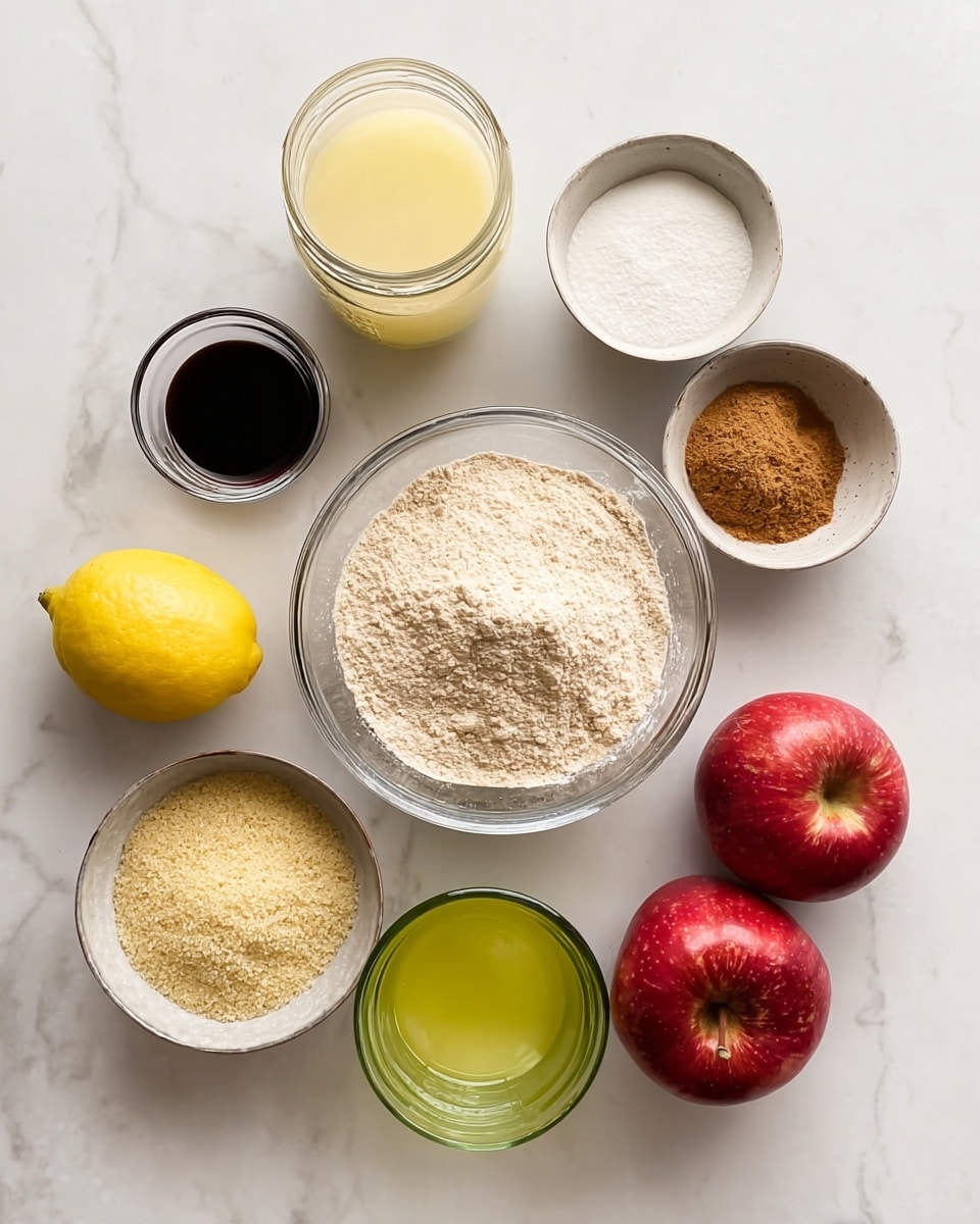 The image shows ingredients for cooking, arranged neatly on a white marbled surface. In the center, there is a clear bowl with a light beige powdery ingredient, likely flour. Surrounding it are smaller bowls and items: on the top left, a clear jar filled with a light yellow liquid, next to it a smaller white bowl with a whitish foamy substance, and nearby a clear bowl with a brown powder mix. On the left side, a whole yellow lemon, below it a small silver bowl with finely ground beige crumbs, and beneath, a small green glass filled with a yellow liquid. To the right side of the center bowl, there are two shiny red apples and a small glass bowl with a white creamy paste. At the top left corner is a small dark black bowl with a dark liquid. Everything is placed on a clean white marbled surface. photo taken with an iphone --ar 4:5 --v 7