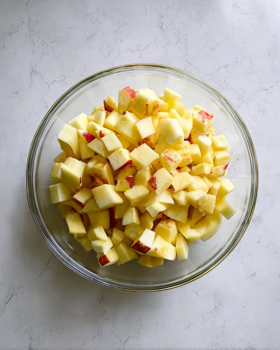 A clear glass bowl sits on a white marbled surface filled with many small cubes of peeled yellow apple with some red skin bits visible on the edges, showing a fresh and light texture inside the bowl, and no other items around it photo taken with an iphone --ar 4:5 --v 7