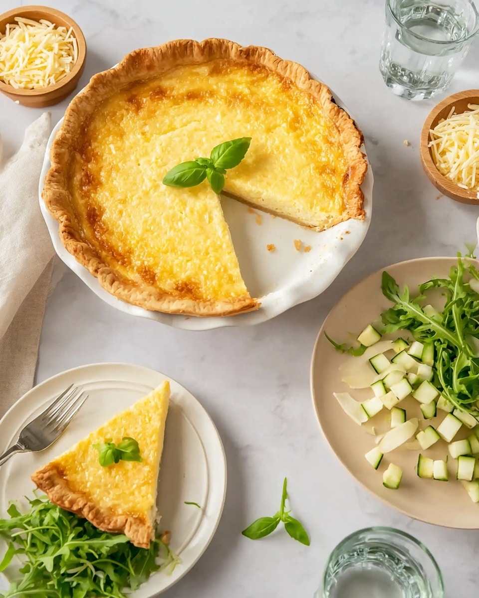 The image shows a white pie dish with a golden yellow quiche that has a thick, flaky crust and a smooth, slightly shiny surface. One slice is missing, revealing the creamy, pale yellow filling inside. A small green basil leaf is placed on top of the quiche near the cut area. On a white plate next to the dish, there is a single slice of quiche with a well-defined crust and filling, accompanied by a pile of fresh green arugula leaves on the side. Nearby, a fork rests on the plate. To the right, a beige plate holds small piles of crumbled cheese in light yellow and cream colors and several green cucumber sticks. A small wooden bowl containing shredded cheese is also visible in the top left corner. The scene is set on a white marbled surface with a clear glass of water at the bottom, creating a clean and fresh atmosphere. photo taken with an iphone --ar 4:5 --v 7