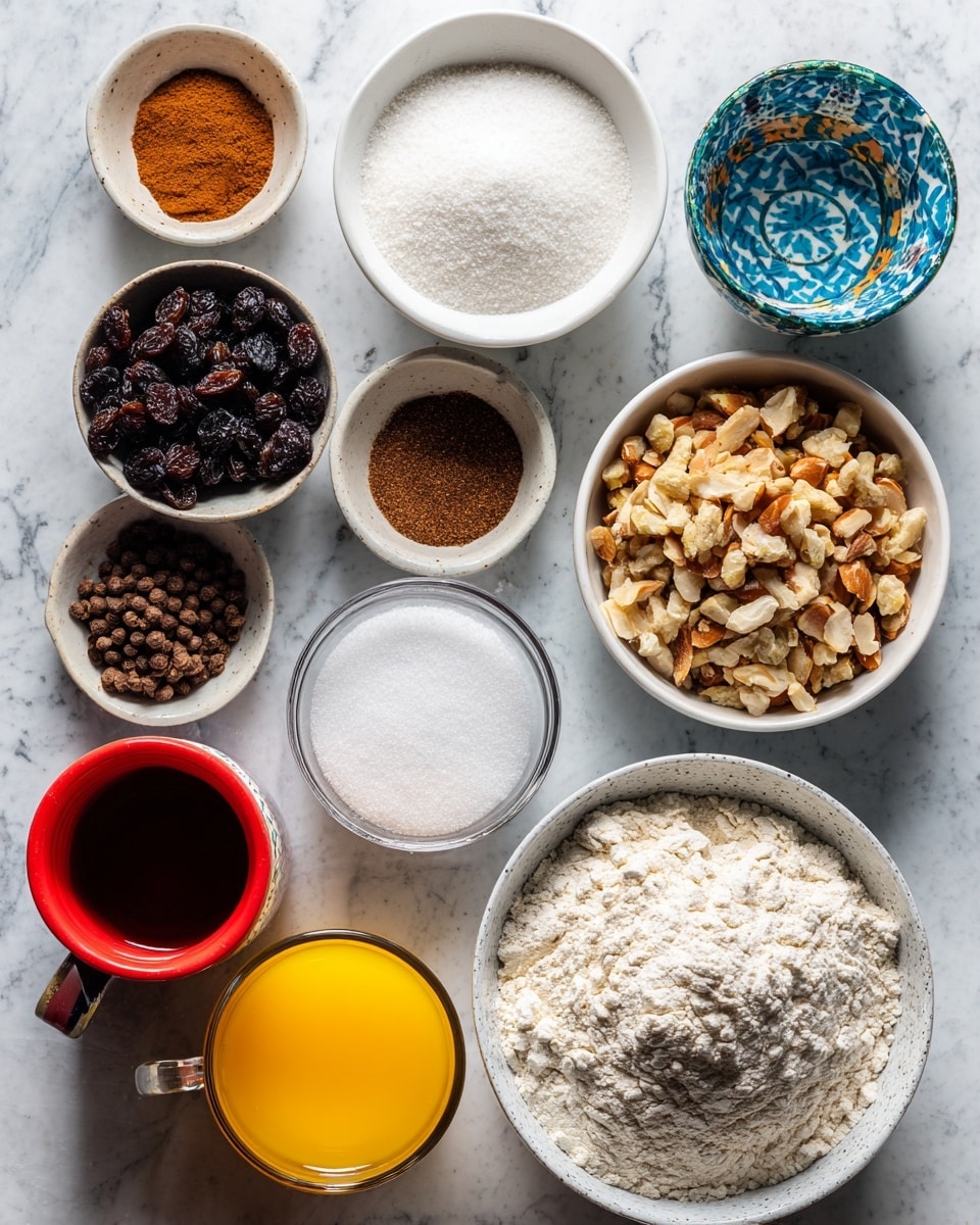The image shows various ingredients arranged neatly on a white marbled surface. In the bottom right corner, a large white bowl filled with all-purpose flour with a smooth texture and a slight indentation is placed. Above this bowl is another white bowl filled with chopped almonds, displaying light brown and cream colors. To the left of the almonds, a small white bowl holds dark raisins that look wrinkled. Next to the raisins is a small glass bowl with ground cloves, deep brown in color, and another small glass bowl above it containing cinnamon, a warm reddish-brown powder. A black bowl with white baking powder is at the top left side. Near the center, a white bowl is heaped with white sugar, smooth and fine in texture. A white cup with a blue decorative pattern holds clear ouzo liquid at the top right. Two mugs stand at the bottom left; one red filled with dark olive oil, the other transparent filled with bright orange juice. Each ingredient is labeled with clear white tags showing their names. The photo was taken with an iphone --ar 4:5 --v 7