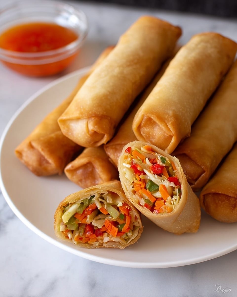 A white plate holds six spring rolls arranged in two neat rows. Five spring rolls are whole, showing their light golden-brown, crisp outer layer. In front, one spring roll is sliced in half to reveal bright and colorful filling layers made of finely shredded orange carrots, green cabbage, and red bell peppers, all tightly packed inside the thin, crispy wrapper. In the background, there is a small glass bowl of orange dipping sauce slightly blurred. The plate sits on a white marbled surface. Photo taken with an iphone --ar 4:5 --v 7