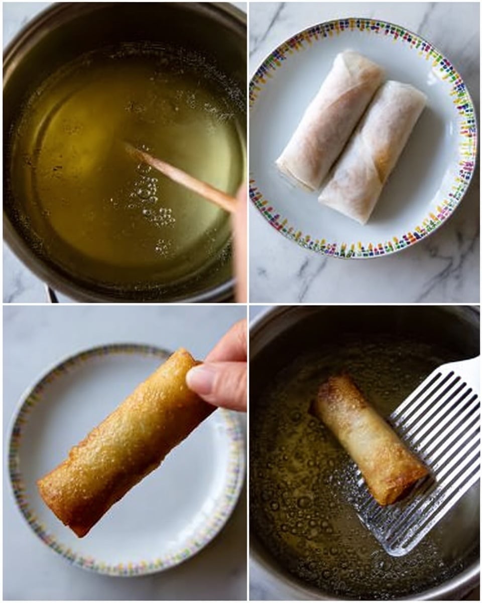 The image is divided into four parts. The first part shows a thin light brown stick or rod held by a woman's hand, stirring or dipping into a pot of clear golden oil with slight reflections on the oil's surface on a white marbled background. The second part shows two white spring rolls placed on a white plate with a colorful geometric edge pattern on a white marbled surface. The third part focuses on one spring roll frying inside a pot filled with bubbling golden oil, showing tiny bubbles around it, with a shiny texture on the oil. The final part shows a golden brown spring roll being lifted by a metal slotted spatula above the pot of oil, with the spring roll's crispy texture visible and the background having the white marbled texture. Photo taken with an iphone --ar 4:5 --v 7