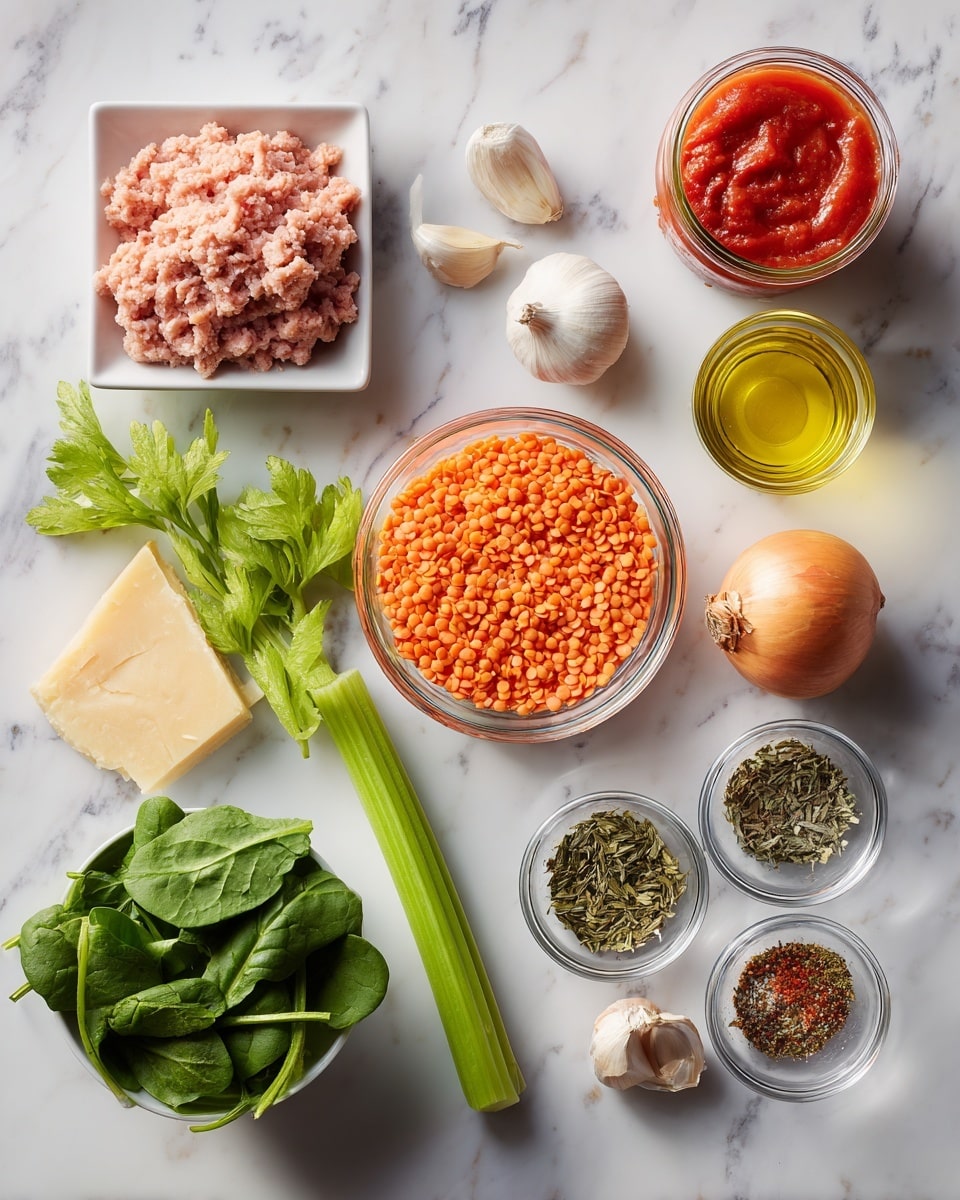 The image shows various fresh ingredients arranged on a white marbled surface. In the top left corner, there is a small white rectangular dish filled with light pink ground chicken. To the right is a glass jar of bright red crushed tomatoes. Beside the jar are two clear glasses filled with light yellowish chicken stock. Below the chicken mince is a group of three garlic cloves with light pink skin, and next to it is a round brown/yellow onion with papery skin. In the center is a clear bowl filled with bright orange split red lentils. Near the onion is a wedge of pale yellow Parmesan cheese, and to its right is a bunch of fresh leafy green parsley. Below the parsley are a fresh bright orange carrot and a light green celery stalk placed vertically. At the bottom left is a bowl filled with fresh dark green baby spinach leaves. Scattered between the ingredients are three small round glass bowls holding dried oregano and basil mix (greenish), chili flakes (red specks), and golden yellow extra virgin olive oil. The overall look is fresh and colorful with clear labels on each item. Photo taken with an iphone --ar 4:5 --v 7