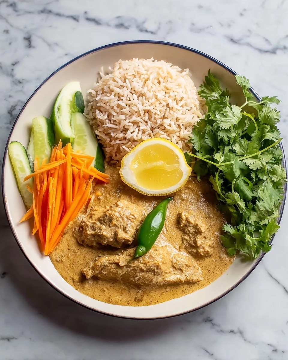 A white plate holds a meal with four main parts arranged in sections. On the left, there is a small pile of thin orange carrot sticks and green cucumber strips. Next to it, towards the center, is a neat mound of cooked light brown rice. In the middle of the rice sits a bright yellow lemon wedge, placed upright. To the right of the rice is a thick, creamy, light brown sauce with two pieces of meat submerged in it, topped with a single green chili. On the far right edge of the plate, a bunch of fresh green cilantro leaves adds a leafy texture. The plate sits on a white marbled surface. photo taken with an iphone --ar 4:5 --v 7