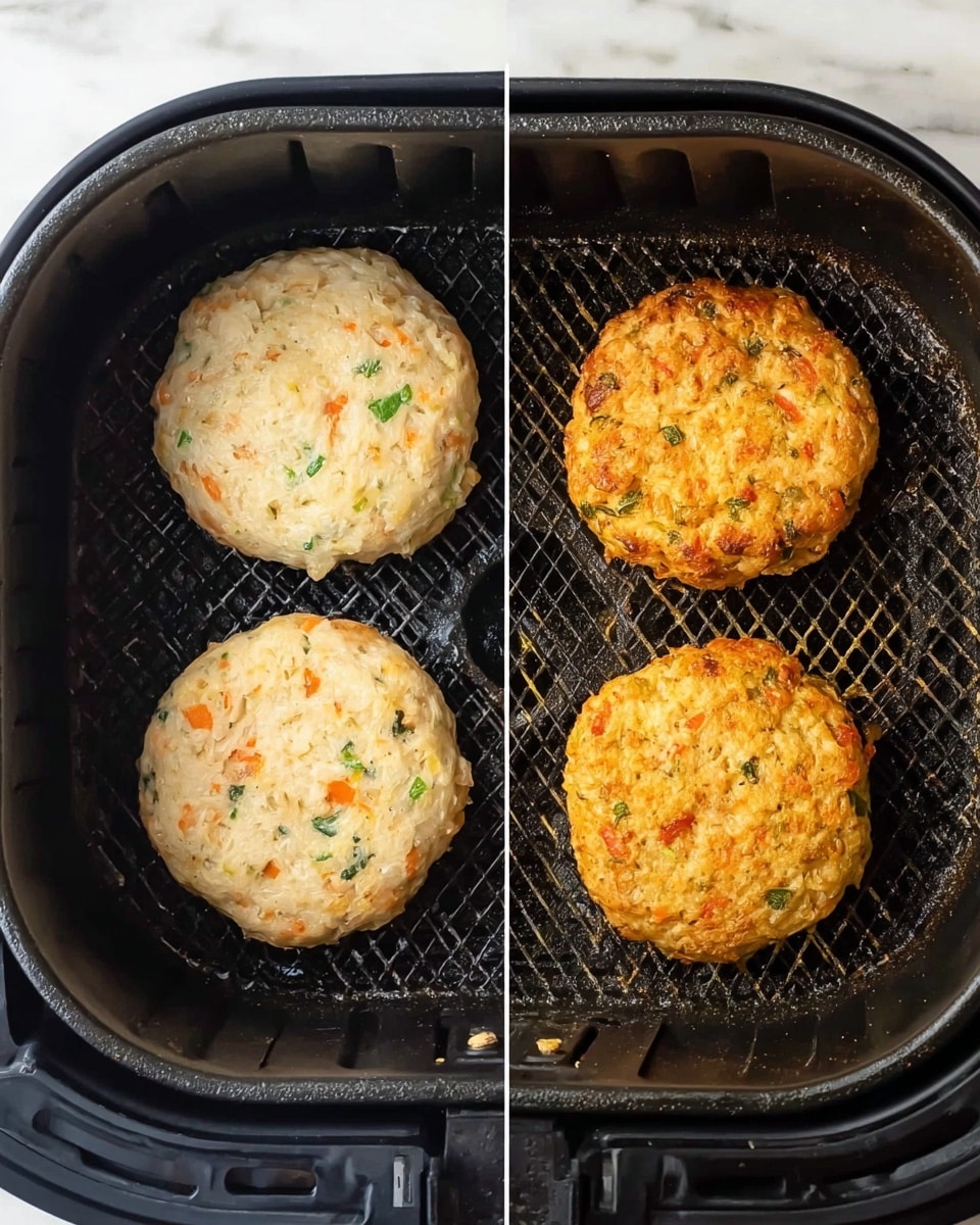 The image shows two side-by-side photos of four round patties cooking inside a black air fryer basket. On the left, the uncooked patties are pale beige with small green and orange flecks, having a soft, uneven texture. On the right, the patties are golden brown with a slightly crisp exterior, showing more defined edges and a firmer baked texture with the same green and orange bits visible. The basket has a diamond mesh pattern and a handle at the top, all set against a white marbled surface. photo taken with an iphone --ar 4:5 --v 7