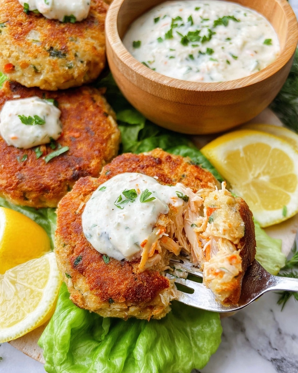 The image shows a close-up of three golden brown patties with a crispy texture, layered on green leafy lettuce. One patty is partially broken open on a silver spoon, revealing a moist, shredded light orange and white filling. On top of the broken patty is a dollop of creamy white sauce with green and red herbs mixed in. To the side, there is a round wooden bowl containing the same white sauce topped with green herbs and two yellow lemon wedges. Additional lemon wedges rest around the patties, all placed on a surface with a white marbled texture. Photo taken with an iphone --ar 4:5 --v 7