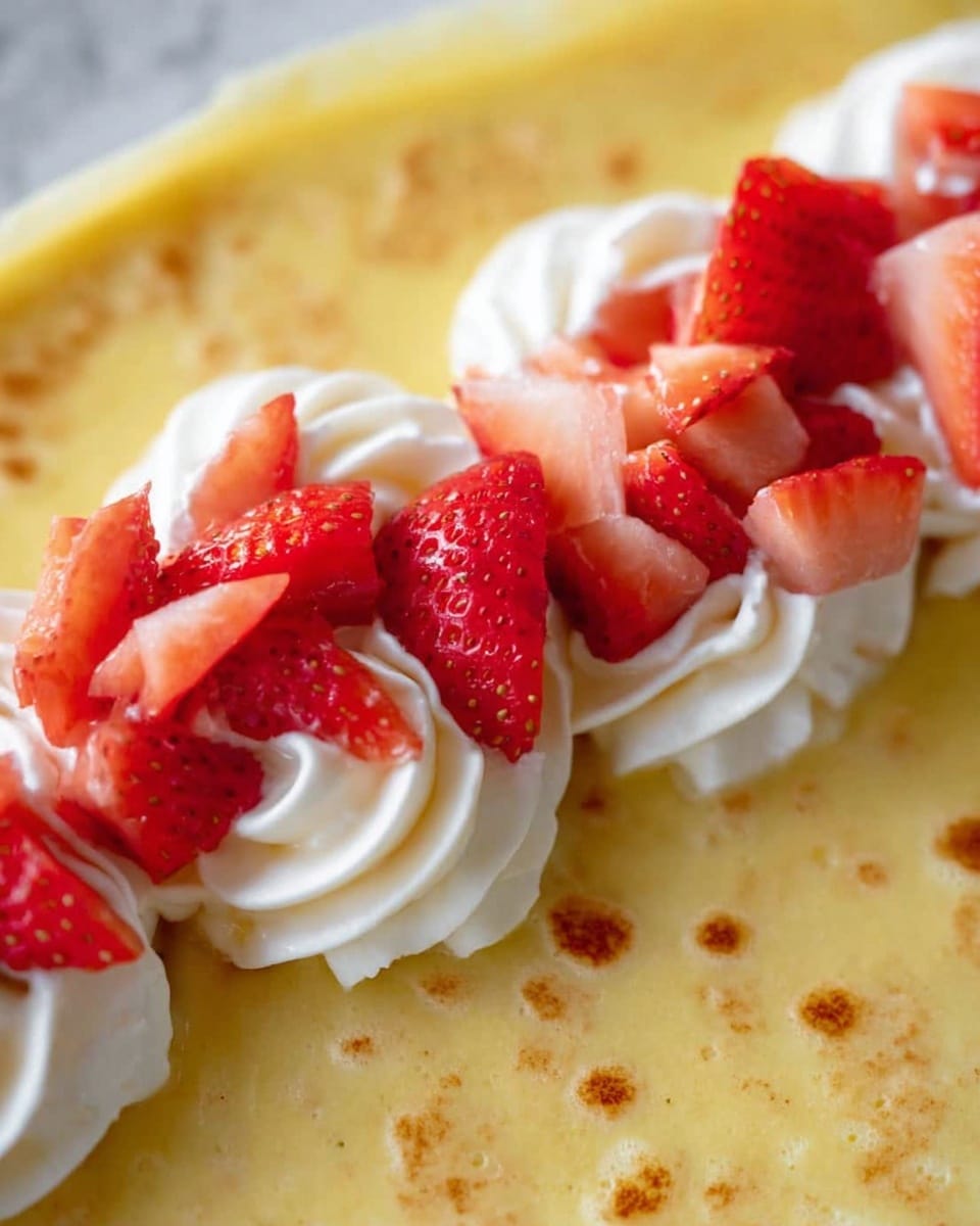 A close-up view of a thin yellow crepe with small brown spots on its smooth surface, topped with a row of white cream swirls along the middle. On top of the cream, there are bright red sliced strawberries, some cut into small triangular pieces, arranged in a slightly uneven line across the crepe. The background is a white marbled texture, showing the crepe flat and filling most of the frame. Photo taken with an iphone --ar 4:5 --v 7