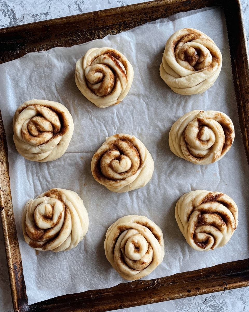 Eight twisted cinnamon rolls with visible swirls of brown cinnamon filling are arranged spaced out on a sheet of white parchment paper. The rolls are beige with soft, doughy texture and each roll has layers twisted to form a round flower-like shape with darker cinnamon spiral patterns inside. The parchment paper is laid on a dark metal baking tray with a well-used, rustic look. The background surface is a white marbled texture. photo taken with an iphone --ar 4:5 --v 7