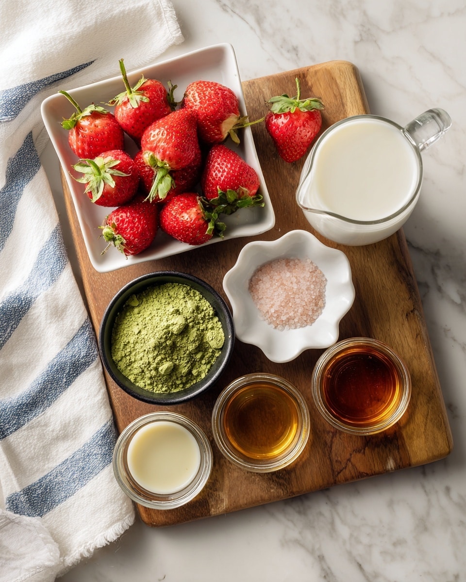 A wooden board with five containers arranged on it, all placed on a white marbled surface. On the top left, a white square bowl holds bright red strawberries with green stems. To the right, a white scalloped bowl contains a small amount of light pink salt. Below the strawberries, a small black bowl is filled with vibrant green matcha powder. Next to it on the right, a small glass bowl holds amber maple syrup. At the bottom left, another white scalloped bowl has a small amount of golden vanilla extract. On the bottom right side of the board, a clear glass filled with creamy white plant-based milk is visible. A white cloth with blue stripes is partly seen in the top left corner. Photo taken with an iphone --ar 4:5 --v 7