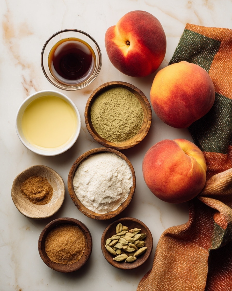 The image shows a white marbled surface with ingredients neatly arranged and labeled for a recipe. There are three whole peaches with smooth, red and orange skin placed on the right side. Small wooden bowls hold light green cardamom powder, white vanilla powder, and brown cinnamon powder; the vanilla and cinnamon bowls are at the bottom center and left bottom corner respectively. A small white bowl contains melted pale yellow butter on the lower left side, and a small glass bowl with dark brown vanilla extract is near the top center. A small bowl with brown sugar grains on the lower right side completes the layout. An orange, green, and cream striped cloth is partially visible in the top right corner. photo taken with an iphone --ar 4:5 --v 7