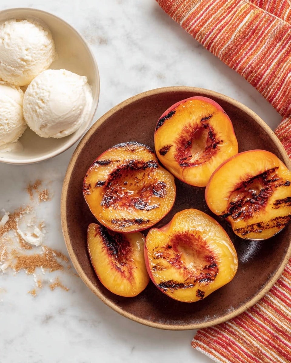 A brown plate holds four grilled peach halves arranged in a circular pattern, showing charred marks and a caramelized texture on the fruit's surface. Next to the plate, a white bowl contains three rounded scoops of creamy vanilla ice cream. An orange, red, and white striped cloth is partly visible in the upper right corner. The background is a white marbled surface with a few crumbs scattered around. photo taken with an iphone --ar 4:5 --v 7