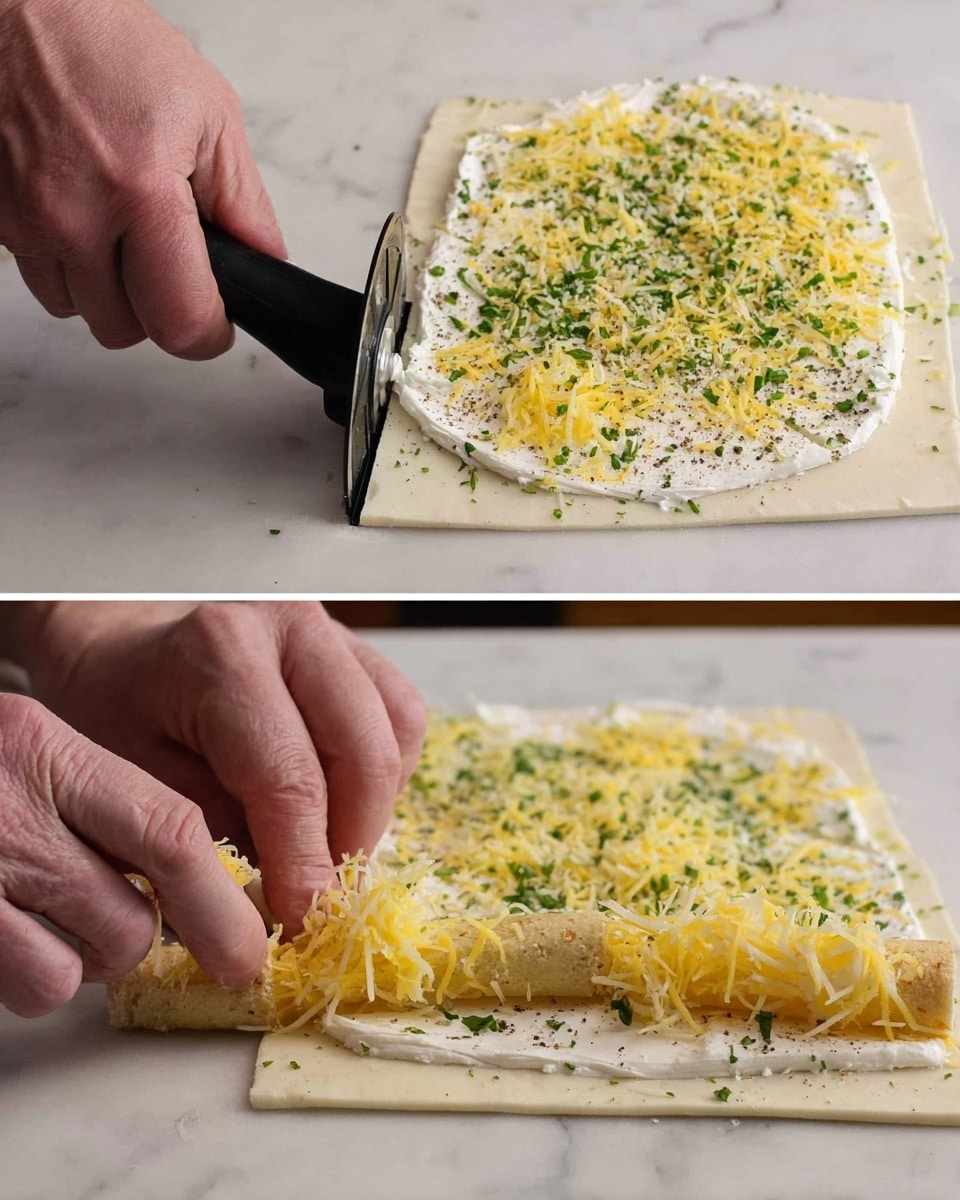 Two images show the process of making a rolled snack on a white marbled surface. The base layer is light dough spread flat and thin. On top of the dough, there is a thick layer of white cream spread evenly, sprinkled with small green pieces of herbs and a good amount of grated yellow cheese. Some black pepper is scattered on top as well. In the first image, a person's hand is using a black pizza cutter to slice the dough into thin strips. In the second image, the same person's hands are rolling one of the strips starting from the bottom, forming a small spiral. Photo taken with an iphone --ar 4:5 --v 7
