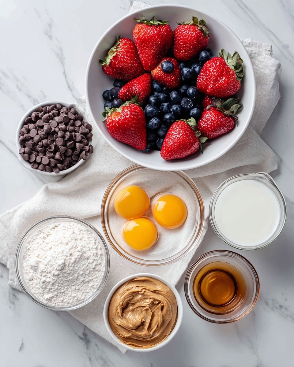 A white bowl filled with bright red strawberries and deep blue blueberries lined with a white cloth is placed on a white marbled surface. Below it, a clear glass bowl holds a mix of white pancake mix and white sugar side by side. To the left is a small white bowl filled with dark chocolate chips, and a clear measuring cup with light yellow oil. In the center, a glass bowl shows two raw eggs with bright yellow yolks floating in clear whites. To the right, a small white bowl holds light brown peanut butter, next to a clear measuring cup with white milk. Everything is neatly placed on a white marbled surface, photo taken with an iphone --ar 4:5 --v 7