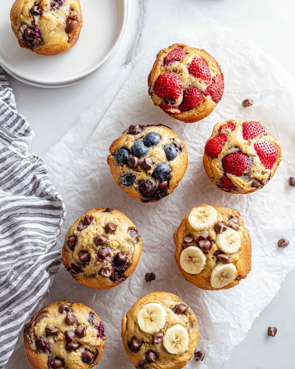 A metal muffin tray holds nine muffins freshly baked in three rows. The first column has three banana chocolate chip muffins, each topped with a few round, shiny chocolate chips and some slices of banana visible underneath. The middle column features three blueberry muffins with golden brown tops and dark purple bursts where the blueberries have cooked inside, some berries bursting out a little. The right column shows three strawberry muffins with a light golden top and red pieces of strawberry peeking through the surface. Two empty slots in the tray show some crumbs inside. In the top left corner, there is a white plate with one blueberry muffin on it. A clear glass cup filled with a dark red liquid sits in the upper right corner. A blue and white striped cloth napkin lies to the left of the tray on a white marbled textured surface. Photo taken with an iphone --ar 4:5 --v 7