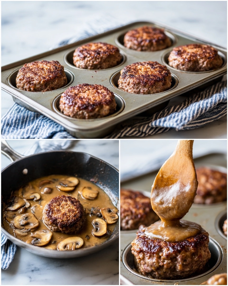 The image shows four views of a baking tray with six round meat patties, each with a rough, browned top layer and a slightly pinkish interior layer, placed on a white marbled surface with a blue and white striped cloth nearby. The patties sit inside a silver metal baking pan with round compartments. One close-up shows the patties cooked to a golden brown with a slightly crumbly texture on the tops. Another close-up shows a wooden spoon lifting thick mushroom gravy from a black skillet, featuring visible slices of mushrooms in a smooth brown sauce, set on the same white marbled surface. photo taken with an iphone --ar 4:5 --v 7