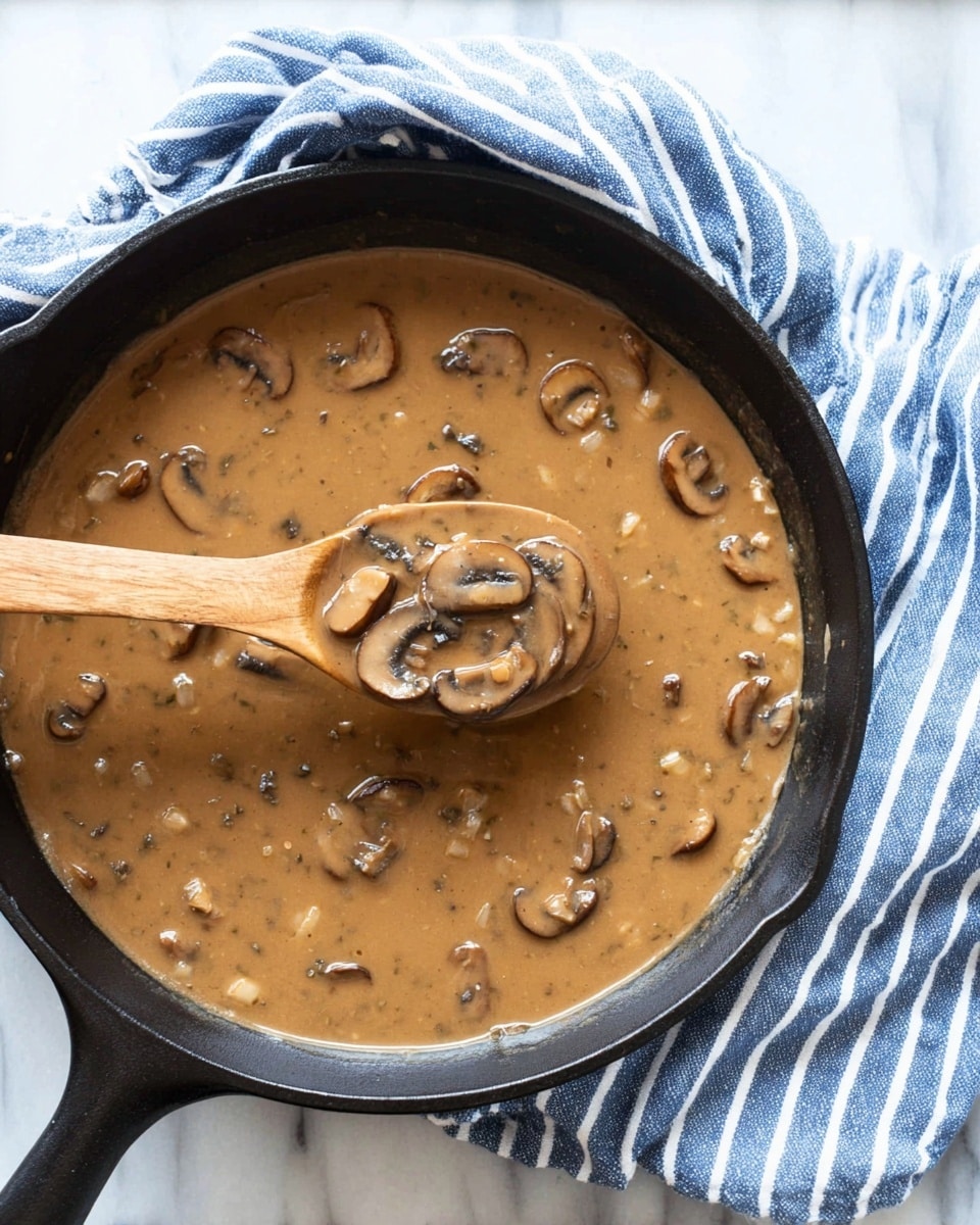 A black cast iron pan holds a creamy brown mushroom sauce mixed with small pieces of onions and thick slices of brown mushrooms floating on the surface. A wooden spoon lifts several mushroom slices and sauce from the pan, showing the smooth, dense texture. The pan rests on a white marbled surface next to a blue and white striped cloth. The scene is bright and simple with natural lighting, focusing on the rich sauce inside the pan photo taken with an iphone --ar 4:5 --v 7