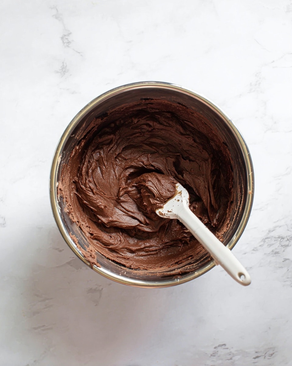 A shiny metal bowl filled with thick, dark brown chocolate dough that looks soft and creamy. The dough is spread unevenly inside the bowl with a white spatula, which has some chocolate dough on its blade. The bowl is placed on a white marble surface with soft veins. photo taken with an iphone --ar 4:5 --v 7