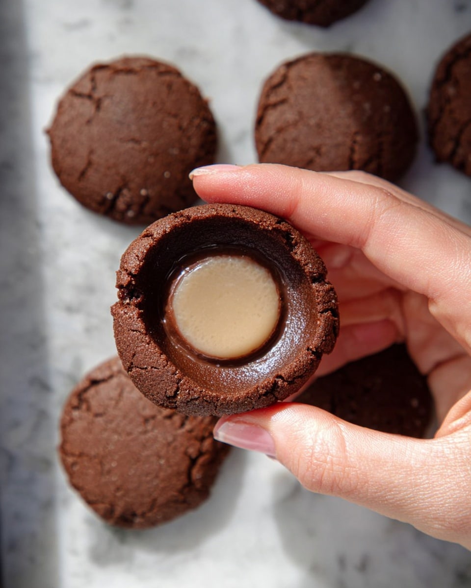 A woman's hand holds a round chocolate cookie with a deep center, where a pale brown, smooth chocolate cup-shaped piece is set inside. The cookie is dark brown with a rough and slightly cracked texture around the edges, while the center chocolate cup is smooth and glossy. In the background, on a white marbled texture, there are three more round cookies of the same dark brown color with smooth tops. photo taken with an iphone --ar 4:5 --v 7