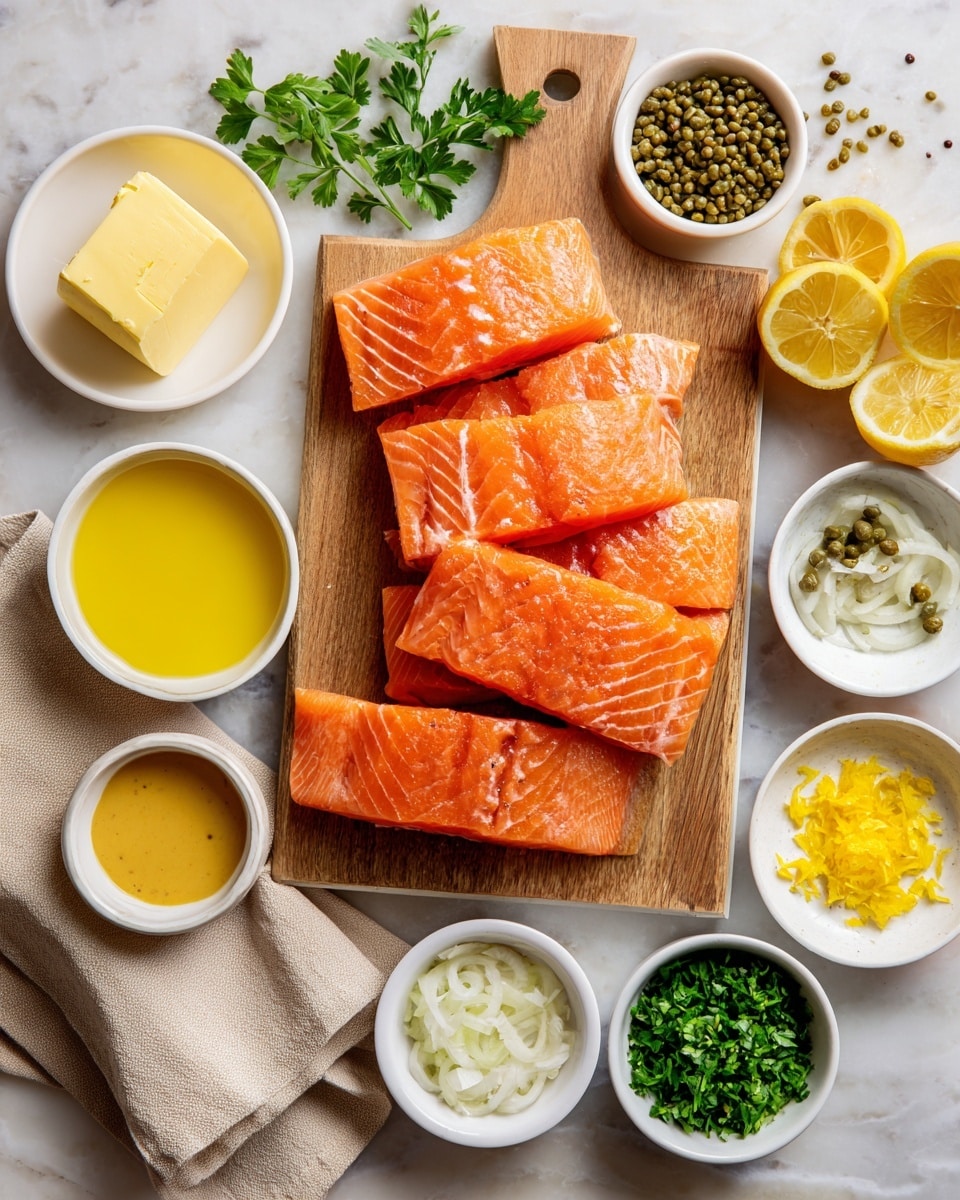 The image shows a wooden cutting board placed on a white marbled surface, with four pieces of raw salmon fillets arranged in a neat stack on top. Around the cutting board are small white bowls and plates arranged in a circle, each holding different ingredients: one bowl with yellow butter, one with light brown broth, another with bright yellow lemon juice, a small pile of chopped green parsley on a white plate, a bowl with grated yellow lemon zest, thinly sliced white shallots in another bowl, small green capers in a bowl, a bowl with bright yellow olive oil, a small bowl of beige Dijon mustard, and another bowl with white kosher salt. A beige cloth napkin is set underneath some bowls on the left side. The overall color scheme combines the salmon’s rich orange with the fresh greens and light yellows of the ingredients. photo taken with an iphone --ar 4:5 --v 7