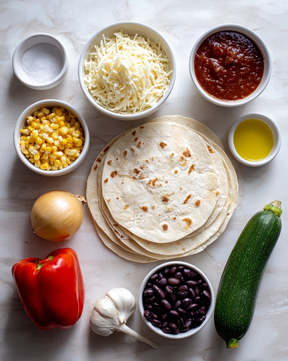 The image shows various ingredients arranged neatly on a white marbled surface. At the center, there are two soft tortilla wraps stacked in a light beige color with small spots. Above them, there is a white bowl filled with shredded white cheese. Next to it, on the right, is a white cup holding a thick red salsa sauce. To the upper left, a small white bowl contains a bit of salt, and below that is another small white bowl with olive oil. Below the tortillas, two white bowls hold yellow corn kernels and black beans respectively. On the bottom left, a whole yellow onion and a single clove of garlic lay side by side. To the bottom right, there is a fresh, glossy red bell pepper and a green zucchini. The wooden background contrasts with the white marbled surface, giving a warm and fresh feeling to the scene. photo taken with an iphone --ar 4:5 --v 7