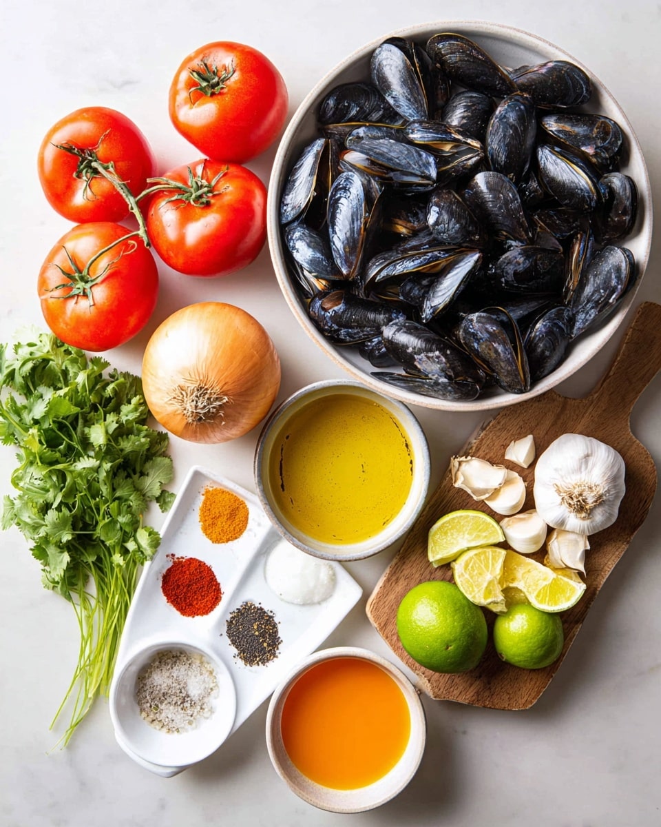 A large white bowl filled with many dark blue-black mussels forms the main focus in the upper right area. Below it, three bright red tomatoes with green stems are grouped together on the left. To their right, a whole light brown onion sits near a small beige bowl filled with golden yellow oil that has pepper sprinkled on it. A wooden board on the right holds peeled white garlic cloves, two bright green limes, and several yellow lemon wedges. Near the bottom center, there is a small white bowl of orange liquid and another small white bowl filled with white creamy sauce. Fresh green cilantro with leaves and stems fans out on the left side. Above the tomatoes on the left, a small white dish holds an arrangement of four different spices in small neat piles: red chili flakes, bright orange powder, white granules, and black peppercorns. The setting is a white marbled surface. Photo taken with an iphone --ar 4:5 --v 7