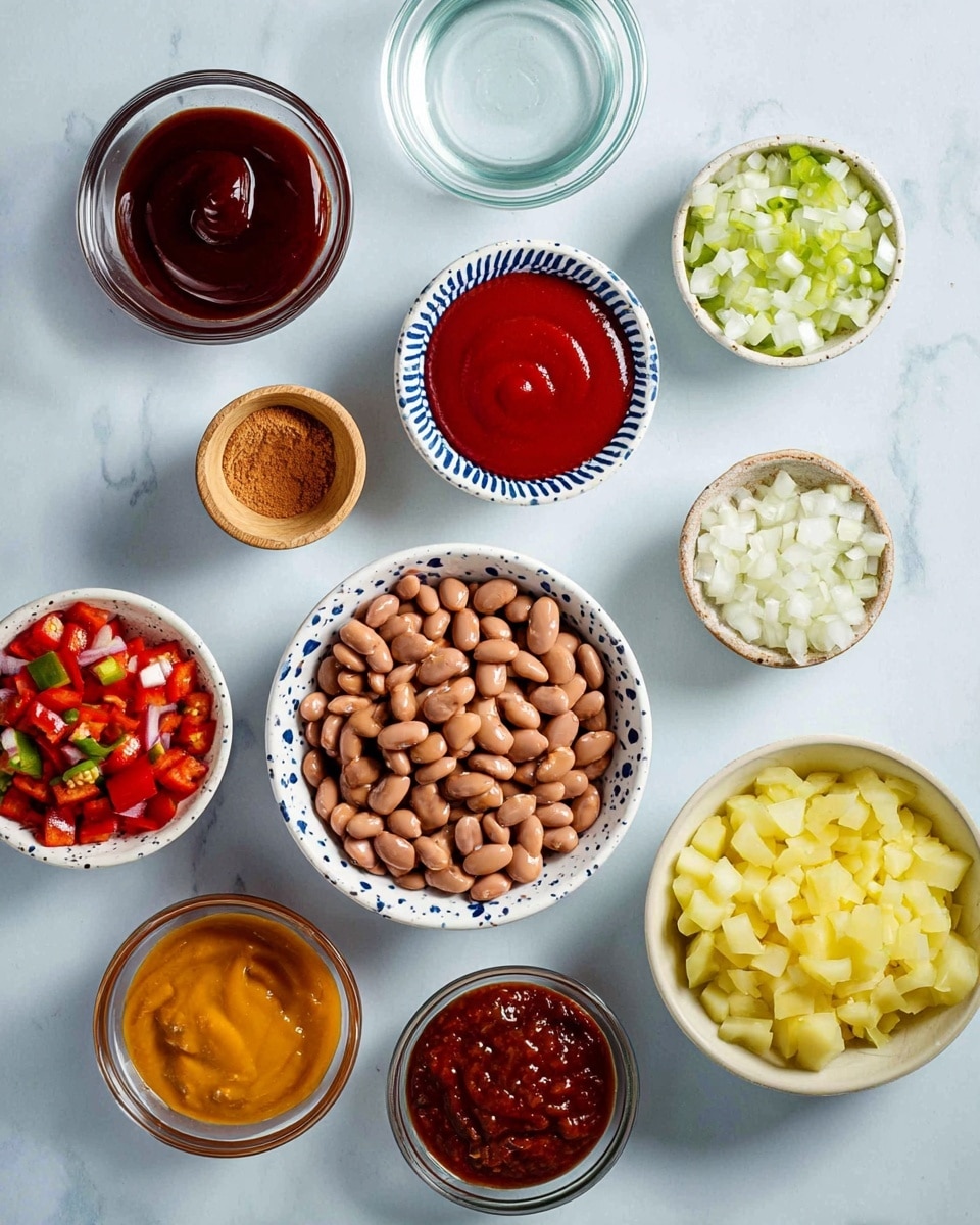 The image shows 12 small round bowls arranged on a white marbled surface filled with different ingredients. In the center, there is a white bowl with dark blue speckles holding light brown beans. Surrounding it, from top left to bottom right, there is a glass bowl with a dark red sauce, a small white bowl with dark blue speckles holding bright red ketchup, a glass bowl with a light clear liquid, a white bowl with dark blue speckles filled with light brown powder, a white bowl with dark blue speckles of yellow mustard, a small glass bowl with orange sauce, a small glass bowl with dark red sauce with chunks, a glass bowl with finely chopped red and green bell peppers, a small wooden bowl with chopped garlic, a glass bowl of finely chopped white onion, and a white bowl with dark blue speckles filled with diced yellow potatoes. photo taken with an iphone --ar 4:5 --v 7