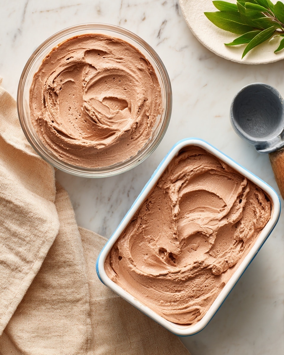 The image shows two parts side by side. On the left side there is a clear glass bowl placed on a beige cloth. Inside the bowl is a thick, smooth, light brown mixture with a soft texture. The mixture is spread evenly with gentle waves across the top. On the right side, the same light brown mixture is placed inside a white ice cream container with a blue rim, filled to the top and flattened with visible soft peaks and swirls. The container is set on a white marbled surface with a beige cloth underneath. Nearby, a white small round plate holds some green leaves, and a dark gray ice cream scoop rests to the right. Text overlays indicate the steps: