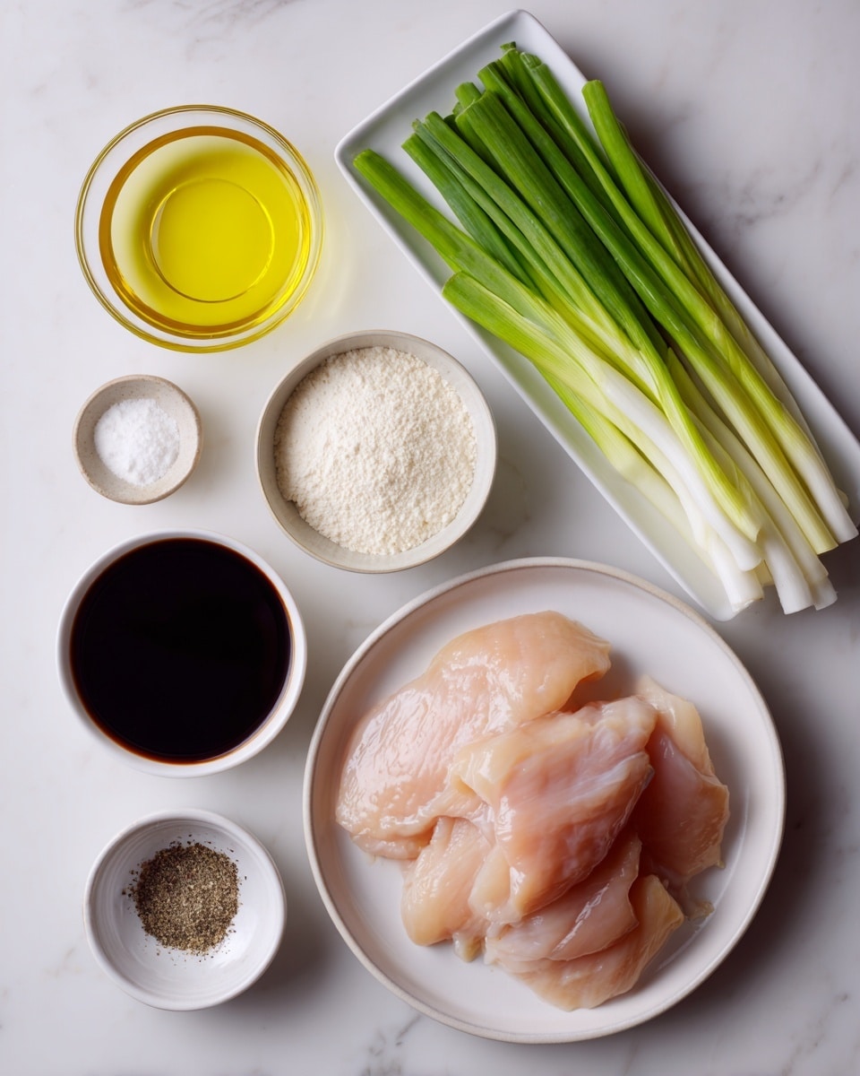 The image shows six ingredients on a white marbled surface. At the top right, a white rectangular plate holds sliced scallions in two colors: pale green and bright dark green, placed side by side. Below it, a white round plate contains four pieces of raw chicken with a light pink, smooth texture. To the left of the chicken, there is a clear glass bowl filled with bright yellow oil. Above the oil, two small white bowls hold white cornstarch powder and coarse black pepper, respectively. At the top left, a small white bowl contains a thick dark brown liquid, which is a mix of soy sauce, dark soy sauce, and oyster sauce. All items are neatly arranged with text labels beside each ingredient. Photo taken with an iphone --ar 4:5 --v 7