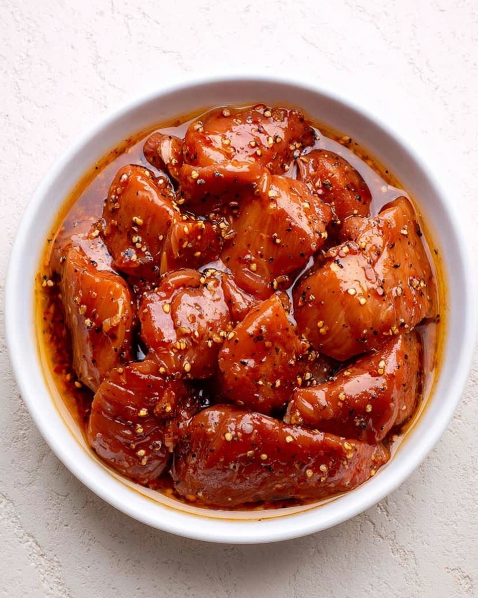 A white bowl sits on a white marbled texture background, filled with several pieces of raw meat covered in a shiny reddish-brown sauce with visible black pepper specks and small bits of seasoning. The meat pieces vary in size and shape, fully coated and glistening with the marinade liquid that pools slightly at the edges. The texture of the meat is smooth but uneven, showing natural folds and curves. Photo taken with an iphone --ar 4:5 --v 7