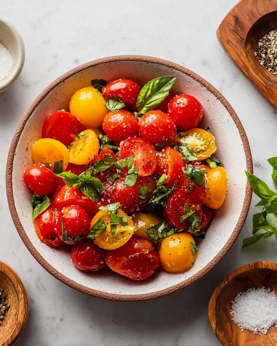 A bowl filled with a colorful mix of red and yellow cherry tomatoes, some whole and some cut in half, sprinkled with fresh green basil leaves. The tomatoes have a shiny, fresh texture with small water droplets on them, and a bit of black pepper is visible on top. The bowl is white with a brown speckled rim, sitting on a white marbled surface. Around the bowl, there are small wooden bowls with coarse salt and ground black pepper, along with some fresh green leaves. Photo taken with an iphone --ar 4:5 --v 7