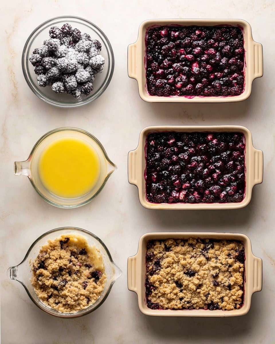 The image shows six steps of making a berry oat bake on a white marbled surface. Step one has a clear glass bowl with dark purple blackberries covered in white sugar. Step two shows a beige baking dish with a full layer of dark purple blackberries evenly spread inside. Step three displays a glass measuring cup with two layers: a pale beige oat mix on one side and a bright yellow melted butter mixture on the other side. Step four has the same glass measuring cup, now mixed into a chunky, golden oat crumble with dark specks of chocolate chips. Step five shows the beige baking dish with two layers: the dark purple blackberries at the bottom covered fully by a thick layer of the oat crumble. Step six presents the same baking dish after baking, the top oat crumble layer is now golden brown and crispy, with the dark berry layer bubbling through in spots. Photo taken with an iphone --ar 4:5 --v 7