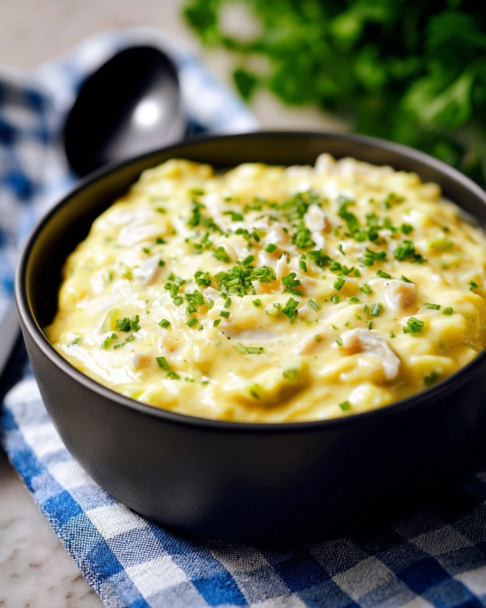 A close-up view of a creamy dish in a round black bowl, showing one thick layer of soft yellow sauce mixed with small pieces of white and lightly browned ingredients, topped with bright green chopped herbs scattered over the surface. The bowl sits on a blue and white checkered cloth with a black spoon resting next to it, all placed on a white marbled surface with green blurred leaves in the background. Photo taken with an iphone --ar 4:5 --v 7