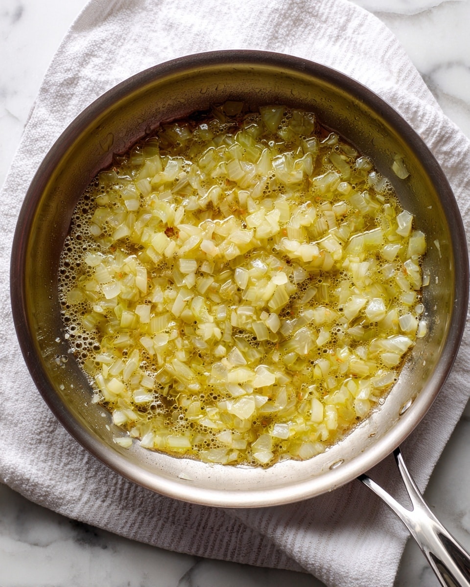 A close-up top view of a silver metal pan with small pieces of light yellowish chopped onions cooking in oil, some bubbles around the onions showing they are being lightly fried. The pan is placed on a white marbled surface with a white cloth and a white striped kitchen towel underneath. The metal pan has a handle on the left and a small handle on the right side photo taken with an iphone --ar 4:5 --v 7