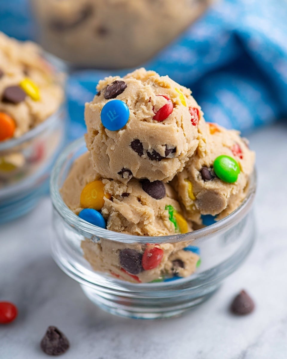 The image shows a clear glass bowl filled with four scoops of light brown cookie dough. The dough has a rough, slightly crumbly texture and is mixed with bright colored candy-coated chocolates in red, yellow, blue, green, and orange, along with large dark brown chocolate chips. The bowl sits on a white marbled surface with a blue and white cloth blurred in the background. Another bowl with more cookie dough is visible out of focus behind the main bowl. The overall look is fresh and colorful, with the dough piled high inside the small bowl photo taken with an iphone --ar 4:5 --v 7