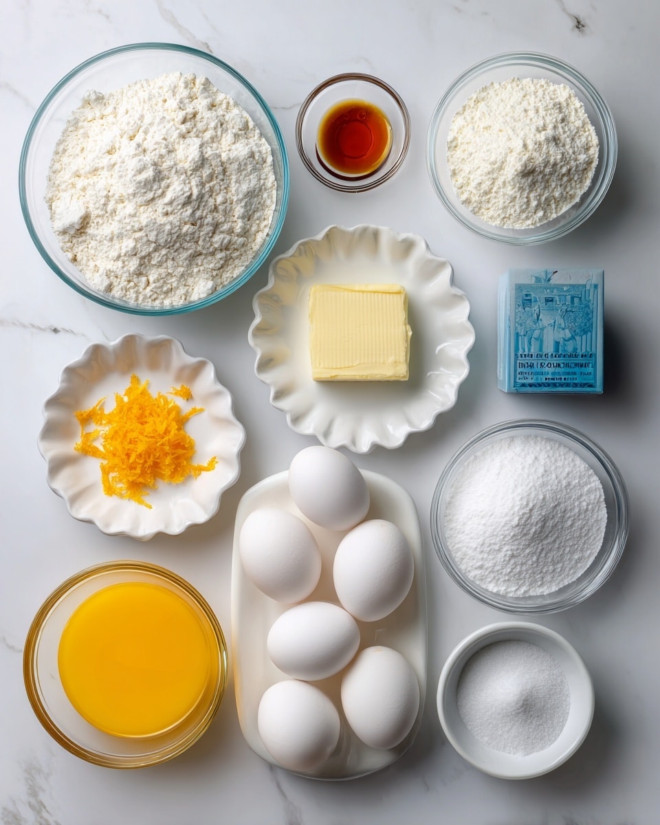The image shows various baking ingredients arranged neatly on a white marbled surface. There are 11 containers and items: a large clear glass bowl filled with white flour at the top left, below it a small glass container of light brown vanilla extract, a tiny glass bowl of white salt, a larger clear glass bowl with granulated white sugar, another large clear glass bowl filled with white icing sugar near the bottom right, a small glass bowl containing white baking powder at the bottom right, a white plate holding three whole white eggs placed near the middle, a small white scalloped dish with a square piece of pale yellow butter above the eggs, a small white dish with bright orange zest near the top right, a clear glass bowl filled with light yellow oil at the top right corner, a blue box of Jell-O vanilla instant pudding mix next to the butter, and a clear glass bowl with vibrant orange juice with a dotted design near the bottom right. Each ingredient is labeled with black text on white backgrounds placed near them. Photo taken with an iphone --ar 4:5 --v 7