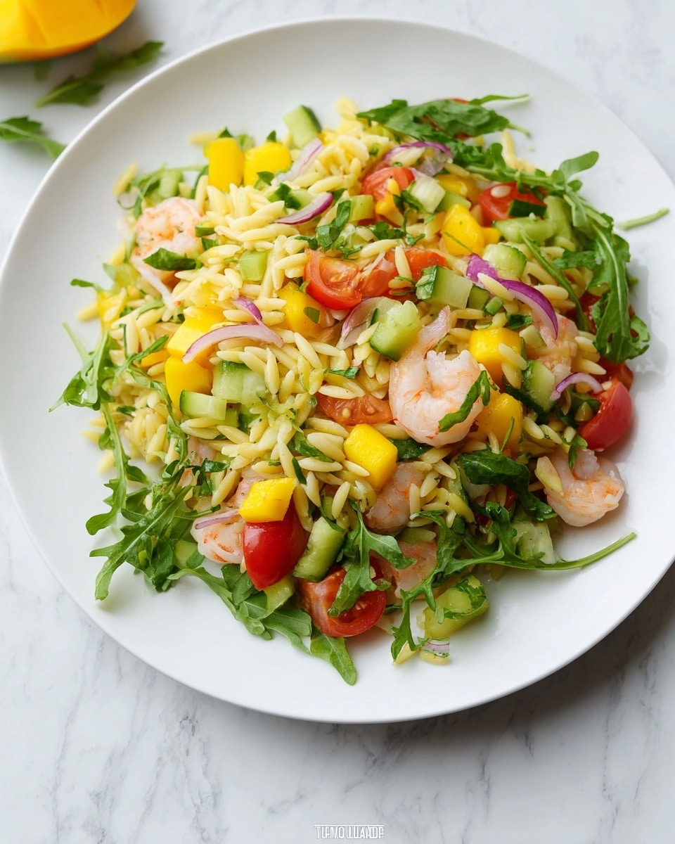 A white plate sits on a white marbled surface holding a colorful shrimp salad. The base layer is light yellow orzo pasta mixed evenly with bright yellow mango cubes and sliced red grape tomatoes. There are medium green arugula leaves and small pieces of light green cucumber scattered through the salad. Thin, light purple onion slices are spread around evenly. Small, cooked shrimp with a pale pink and white color are mixed into the salad throughout, adding texture. The salad looks fresh with a mix of soft, crisp, and juicy elements. Photo taken with an iphone --ar 4:5 --v 7