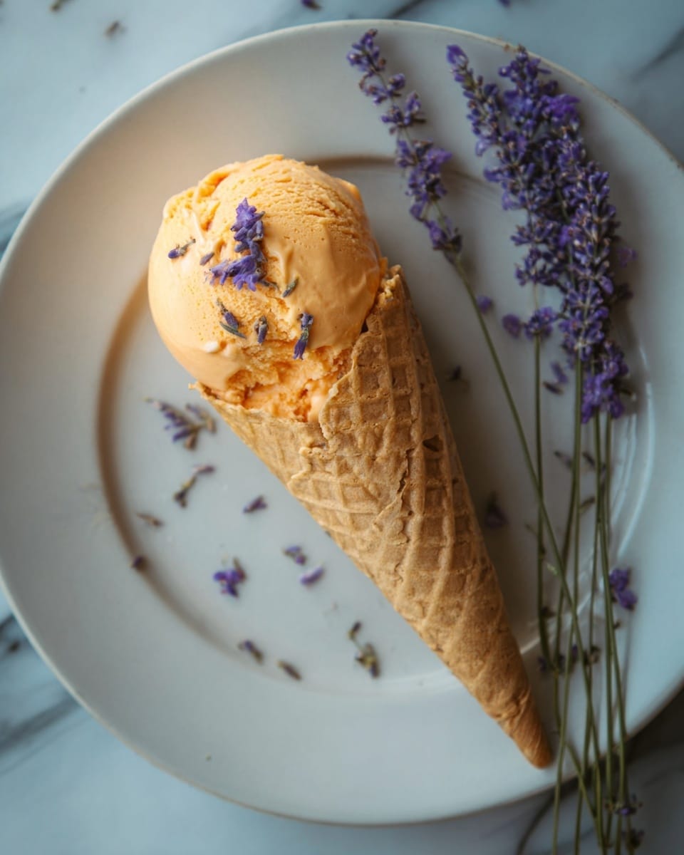 A single waffle cone lies on a white plate with a smooth texture. Inside the cone is one scoop of light orange ice cream, creamy with a few small pieces of dark purple lavender flowers sprinkled on top. Around the cone, a few delicate lavender sprigs are laid flat on the plate, giving a soft purple contrast to the light orange ice cream and the beige cone. The background shows a white marbled surface faintly visible under the plate. photo taken with an iphone --ar 4:5 --v 7