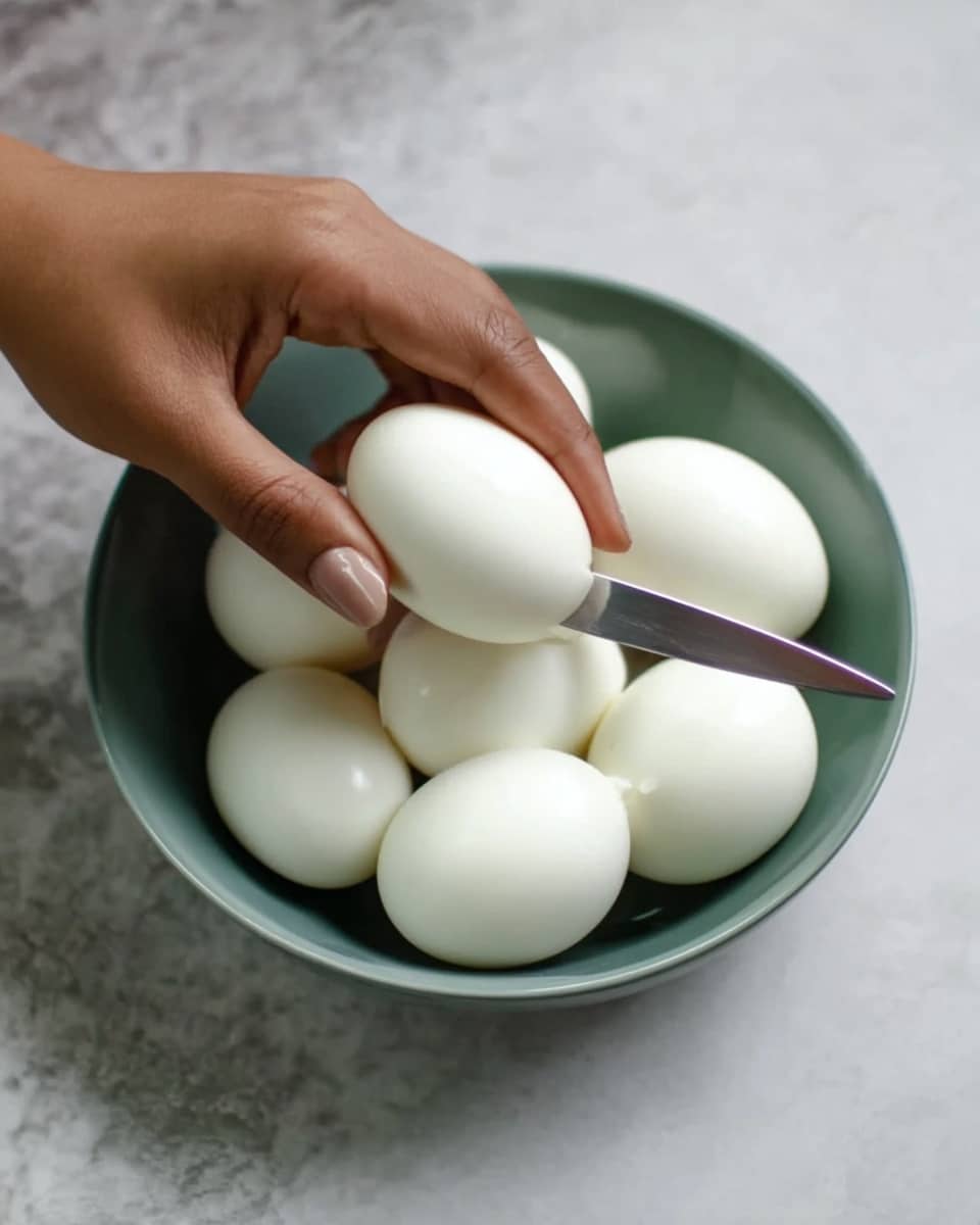 A woman's hand is holding one smooth, white boiled egg while gently slicing its surface with a small silver knife. The hand is positioned above a bowl filled with several other white boiled eggs. The bowl, originally green, is now white, and it rests on a white marbled surface texture. The colors are mostly white with the natural skin tone of the woman's hand and the silver shine of the knife, creating a clean and simple scene. photo taken with an iphone --ar 4:5 --v 7