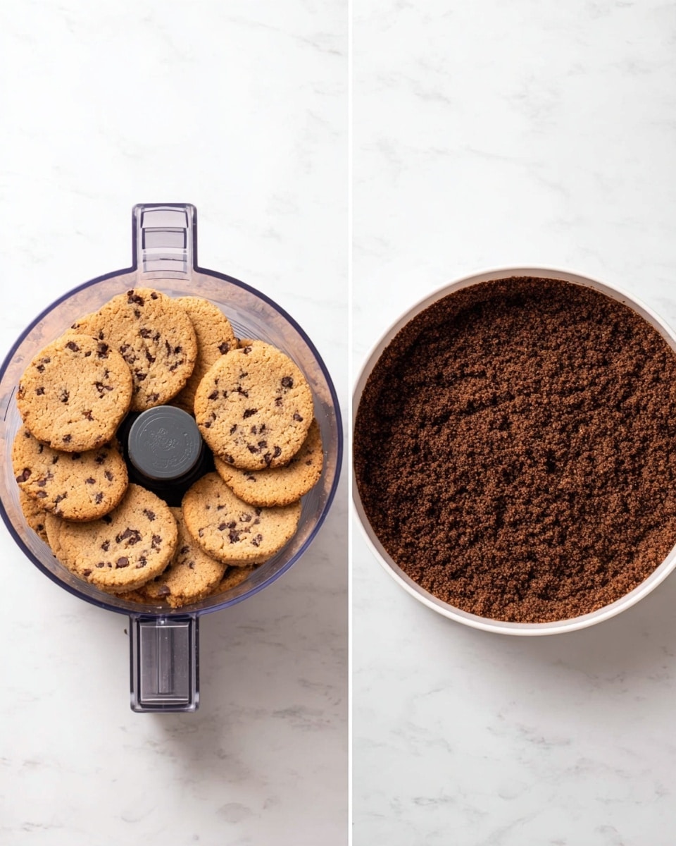 The image shows two views side by side on a white marbled surface. On the left, there is a clear plastic food processor bowl with chocolate chip cookies arranged inside around the central blade. The cookies are light brown with dark chocolate chips scattered throughout. On the right, there is a white round springform pan filled with a pressed chocolate cookie crumb crust, which is deep brown and evenly spread flat in the pan. Photo taken with an iphone --ar 4:5 --v 7