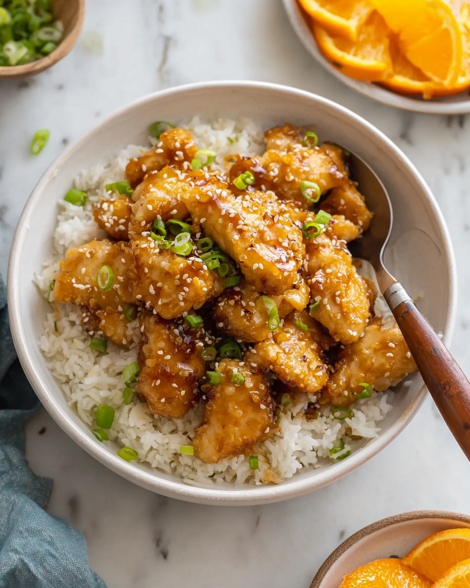 The dish shows a white bowl filled with fluffy white rice at the bottom as the first layer. On top of the rice are golden brown, glazed chicken pieces coated with a shiny orange sauce; the chicken looks tender and slightly grilled. Scattered over the chicken are small white sesame seeds and bright green chopped spring onions, adding color contrast and texture. A silver spoon with a wooden handle rests inside the bowl on the right edge. The bowl is set on a white marbled surface. Photo taken with an iphone --ar 4:5 --v 7