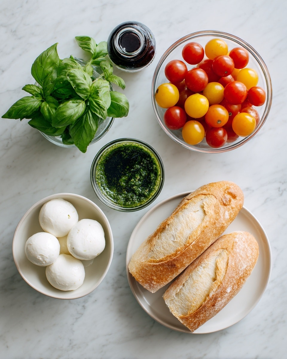 The image shows several ingredients arranged neatly on a white marbled surface: a small clear glass bowl with green pesto sauce at the top left, a bunch of fresh bright green basil leaves positioned above center, a clear glass bowl filled with a mix of red and yellow cherry tomatoes on the right side, a white bowl below the pesto holding five white mozzarella balls with light green pesto specks, and a white plate at the bottom right with a sliced golden-brown baguette placed in two halves. Below all these items is a small dark bottle of balsamic glaze. The overall setup is clean and organized, with each ingredient clearly visible. photo taken with an iphone --ar 4:5 --v 7