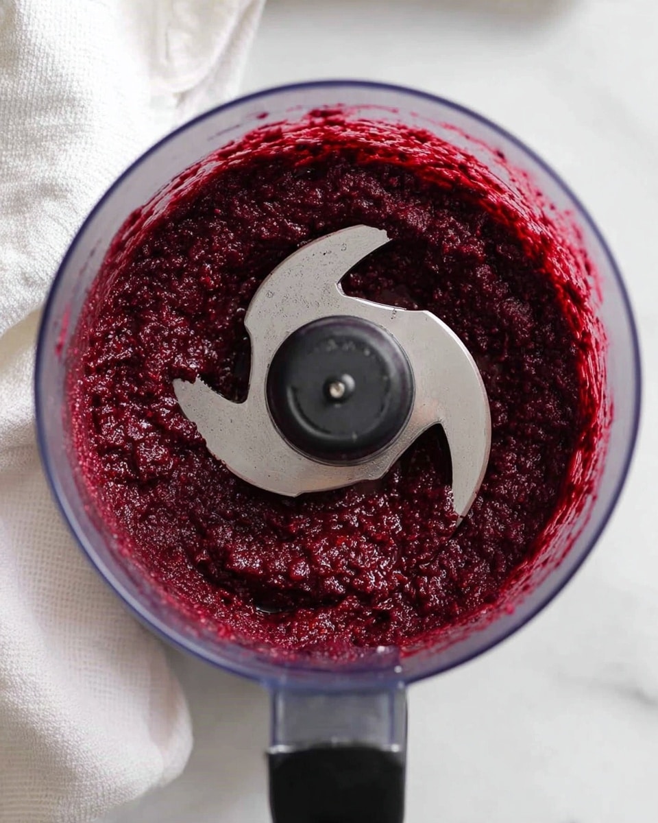 A close-up top view of a food processor bowl filled with a thick, dark red-purple mixture with a slightly chunky texture. The mixture is evenly spread inside the round clear plastic bowl, surrounding the large silver blade in the center. The food processor has a black handle on the right side and sits on a white marbled surface with a white cloth nearby. Photo taken with an iphone --ar 4:5 --v 7