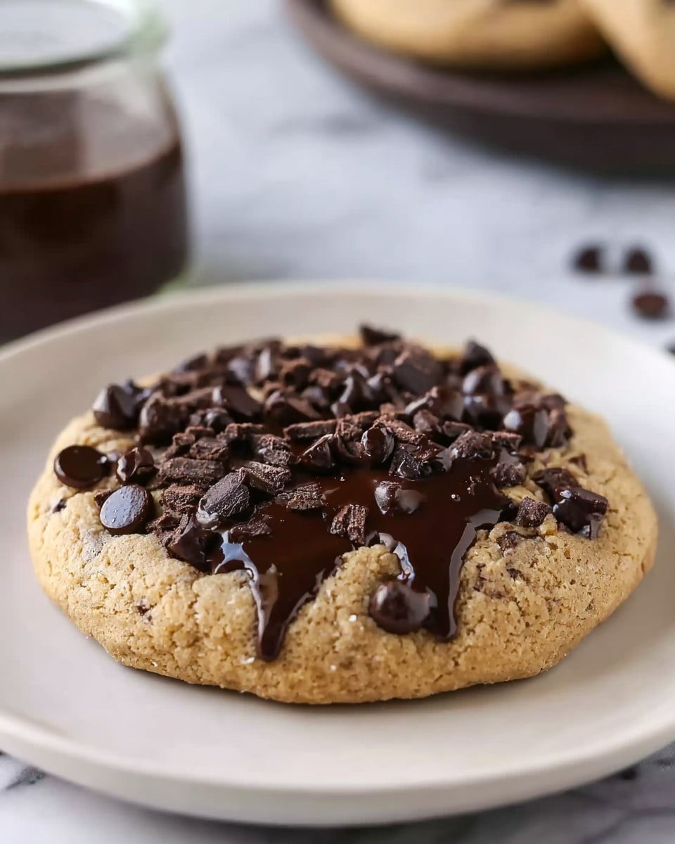 A thick, round cookie with a light brown, soft texture sits in the center of a white plate. It is generously topped with shiny, melted dark chocolate chips spread unevenly over the whole surface, with some chips raised and others partially sunk into the dough. In the background on the white marbled surface, there is a blurred second cookie and a glass jar, adding depth to the scene. The overall look is warm and inviting, with a slight contrast between the dark chocolate and the light cookie base. photo taken with an iphone --ar 4:5 --v 7