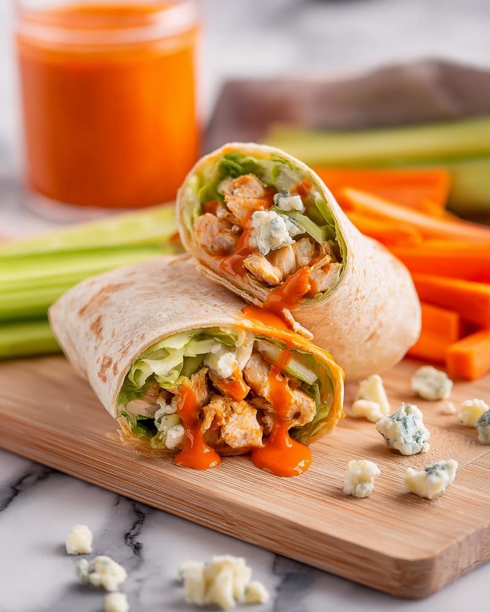 The image shows a wrap cut in half placed on a light wooden board with a white marbled surface underneath. The wrap contains several layers: the soft, light beige tortilla on the outside, inside there are chunks of cooked chicken with a light brown color, fresh green lettuce, orange carrot shreds, and some white blue cheese crumbles covered with bright orange sauce flowing over the filling. Around the wrap, there are fresh green celery sticks and orange carrot sticks neatly arranged. Scattered blue cheese crumbles are also visible on the board, with a glass container of bright orange sauce blurred in the background. Photo taken with an iphone --ar 4:5 --v 7
