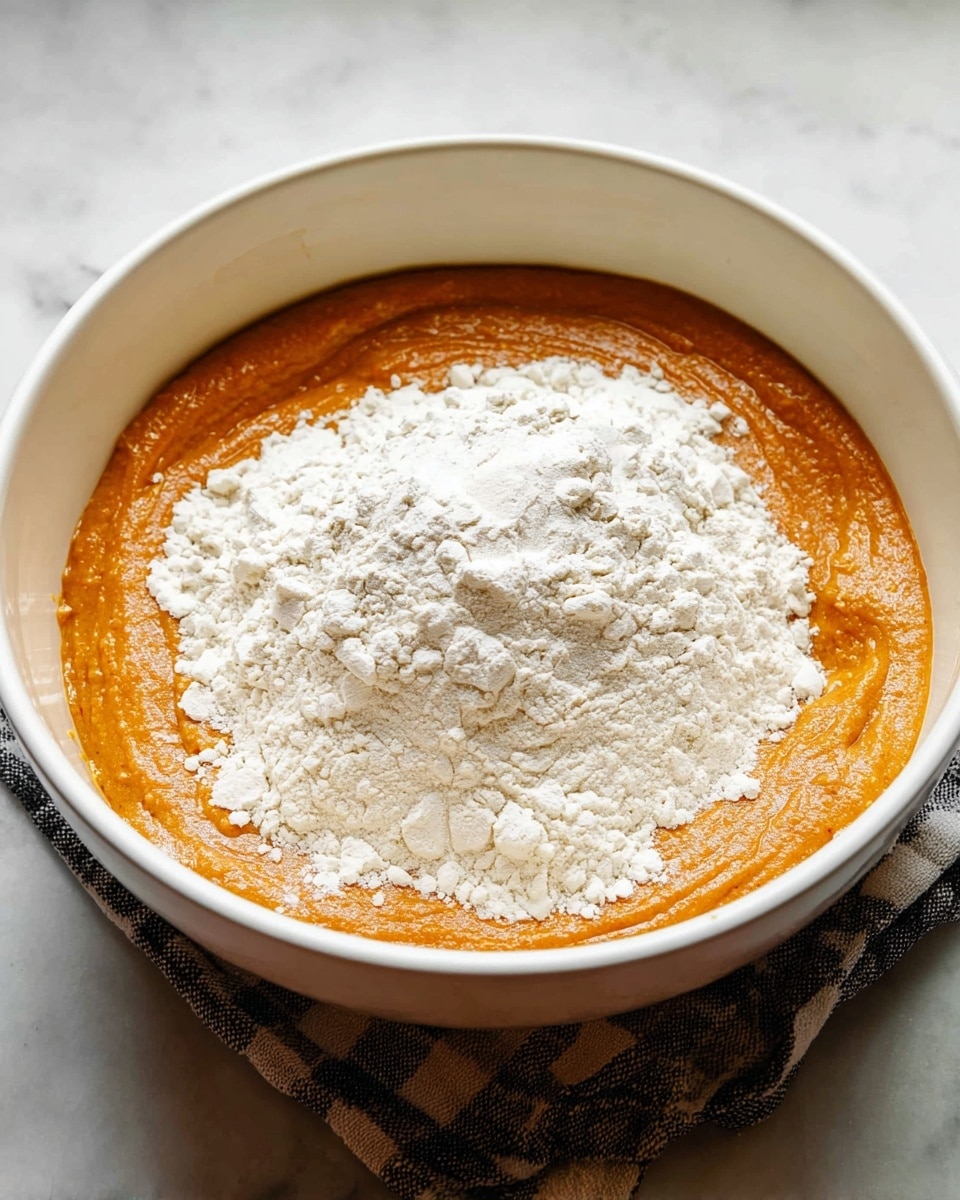 A white bowl sits on a black and white checkered cloth over a white marbled surface, holding two layers of ingredients: the bottom is a smooth, thick orange batter with a shiny texture, while the top layer is a mound of fine white flour piled in the center, partially covering the orange mix beneath. The bowl’s clean white interior contrasts with the rich colors inside, creating a focused view on the textures and colors of the batter and flour. photo taken with an iphone --ar 4:5 --v 7