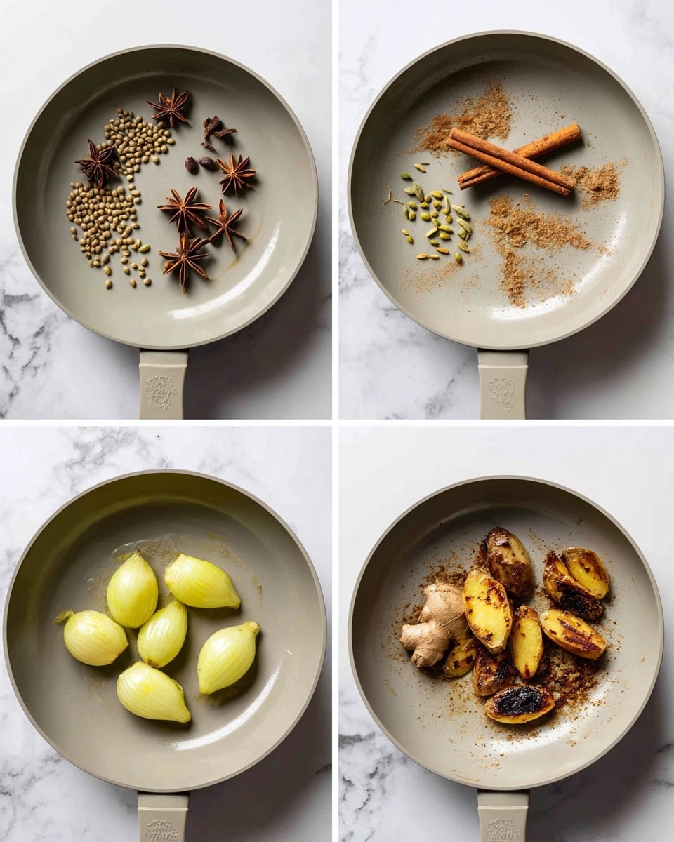 The image is divided into four parts showing different stages of cooking spices and vegetables in a gray pan on a white marbled surface. The first part shows whole spices including light brown coriander seeds, star anise with dark brown, a single cinnamon stick light brown in color, and some small yellowish seeds scattered on the pan. The second part shows the same spices but more roasted with darker shades and a more spread-out arrangement. The third part shows four yellowish light onion quarters and a piece of fresh light brown ginger placed inside the empty pan. The last part shows the onion pieces and ginger browned with dark char marks and a slight shine, suggesting they were cooked or roasted. Photo taken with an iphone --ar 4:5 --v 7