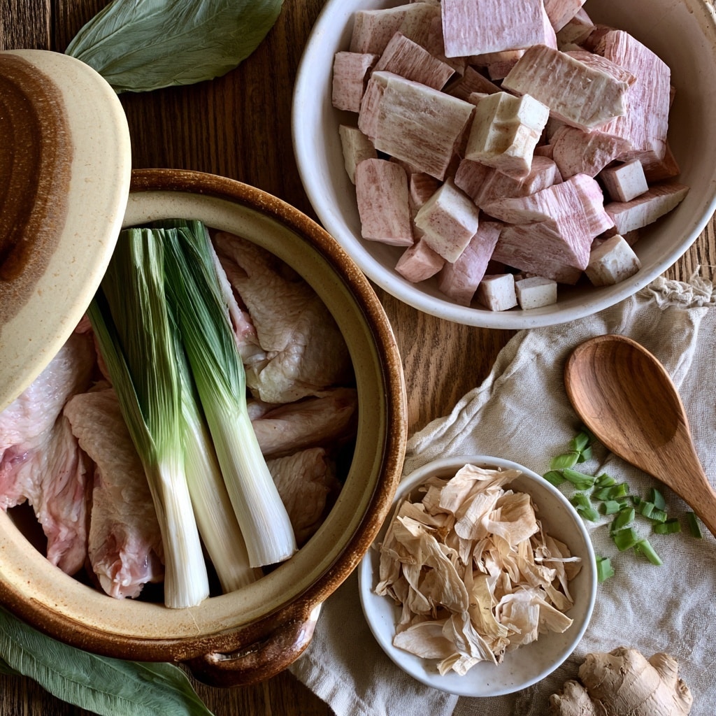 The image shows three main parts on a dark wooden surface with a navy blue cloth beneath. On the left is a brown and cream clay pot with the lid slightly open, revealing raw chicken wings inside with three green and white leeks resting on top. Above the pot, there is a white bowl filled with pale pink and white taro root pieces, both rectangular slices and small cubes. Below the pot is a small white bowl holding thin, light beige dried mushroom slices. Nearby, a wooden spoon lies on the cloth with some chopped green onion pieces on it. There are green leaves scattered around, and a small piece of ginger root can be seen at the bottom right. Photo taken with an iphone --ar 4:5 --v 7