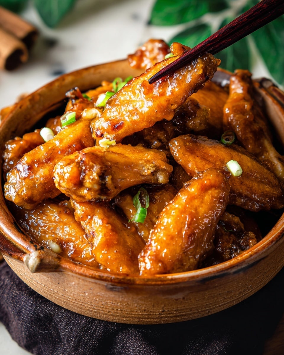 A close-up view of a brown ceramic bowl filled with shiny, golden-brown chicken wings covered in a thick, glossy sauce. The bowl is full of several wings layered together, with some small pieces of green onion sprinkled on top for color contrast. A dark wooden chopstick holds one chicken wing slightly above the rest, showing its textured, saucy surface clearly. The bowl sits on a dark cloth on a white marbled surface, with some green leaves blurred in the background. Photo taken with an iphone --ar 4:5 --v 7