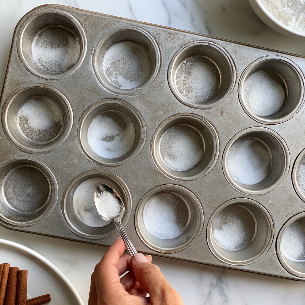 A metal muffin tray with twelve cups sits on a white marbled surface, each cup lightly coated with a white powder, likely flour, spread thinly inside to prevent sticking. A woman's hand is seen holding a silver spoon, sprinkling more of the white powder into one of the bottom-left cups. To the lower left of the tray, part of a white plate is visible, holding a few brown cinnamon sticks. Another white bowl with white powder is partially visible near the top right corner of the image. photo taken with an iphone --ar 4:5 --v 7