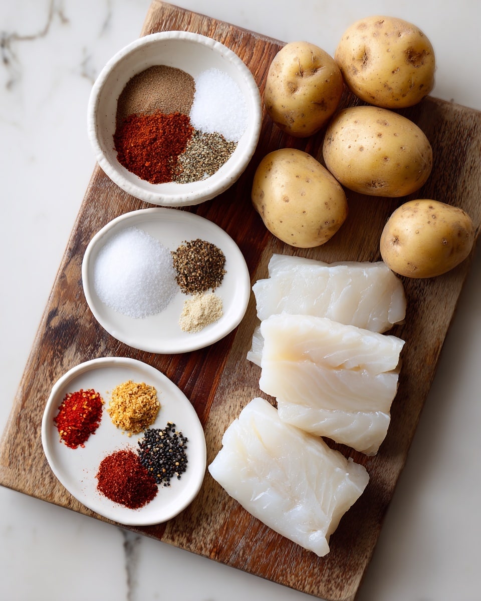 The image shows a wooden board on a white marbled surface with cooking ingredients arranged on it. On the top left, there is a white round bowl containing three small piles of spices: a brown Cajun seasoning, white salt, and black pepper. Below it, on the bottom left, is a white round plate with six different spices arranged in small piles: white salt, black pepper, red chili flakes, light yellow garlic powder, and smoked paprika. To the right of the first bowl, three raw potatoes with light brown skin are placed. On the far right, several pieces of raw cod with a pale white color lie in a white round bowl. The words labeling the ingredients are laid out across the image. photo taken with an iphone --ar 4:5 --v 7
